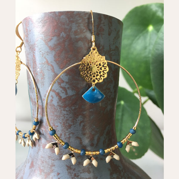 DIY earrings with chain spike, openwork pendant, sequin fan and miyuki